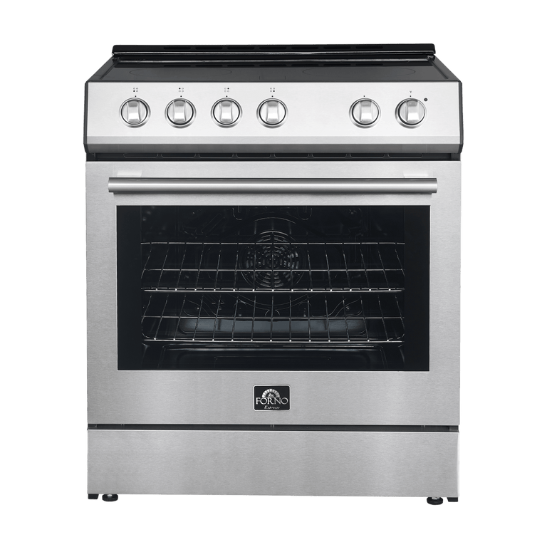 FORNO Espresso Package - 30" Electric Range, Range Hood, Refrigerator and Dishwasher in Stainless Steel with Silver Handles