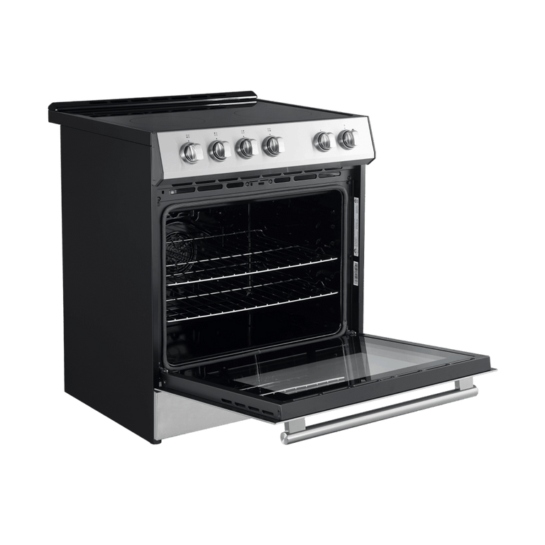 FORNO Espresso Package - 30" Electric Range, Range Hood, Refrigerator and Dishwasher in Stainless Steel with Silver Handles