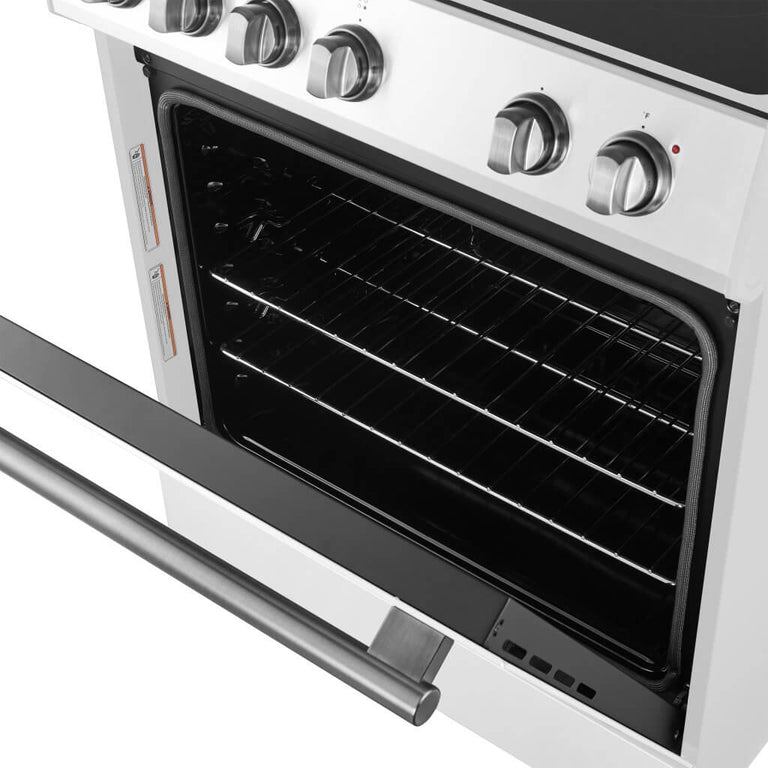 FORNO Espresso Package - 30" Electric Range, Range Hood, Refrigerator and Dishwasher in White with Silver Handles, FBDL-006-03US