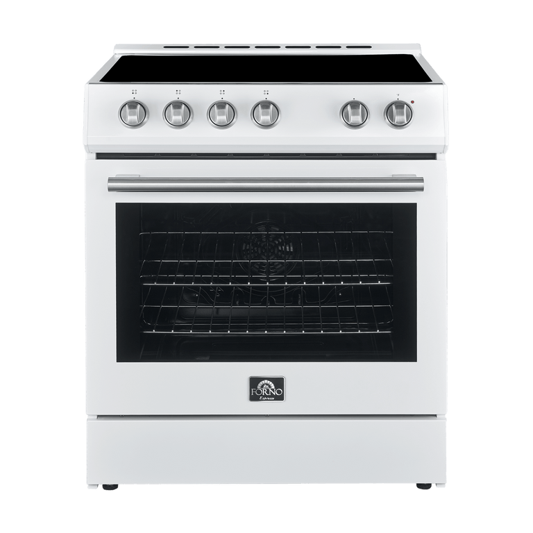 FORNO Espresso Package - 30" Electric Range, Range Hood, Refrigerator and Dishwasher in White with Silver Handles, FBDL-006-03US