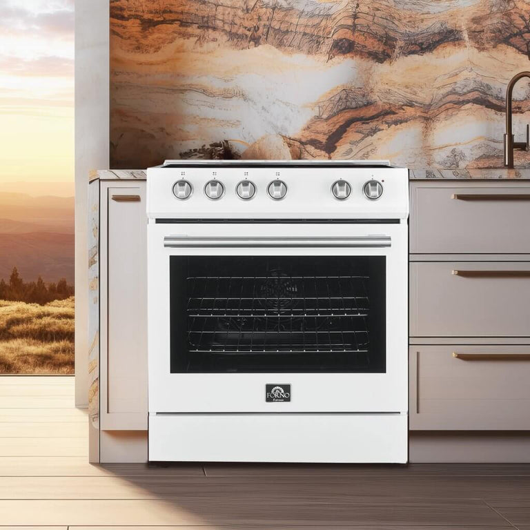 FORNO Espresso Package - 30" Electric Range, Range Hood, Refrigerator and Dishwasher in White with Antique Brass Handles