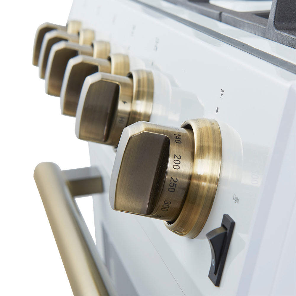 FORNO Espresso Leonardo 30" 5 cu. ft. Gas Range in White with Antique Brass Handles, FFSGS1116-30WHT