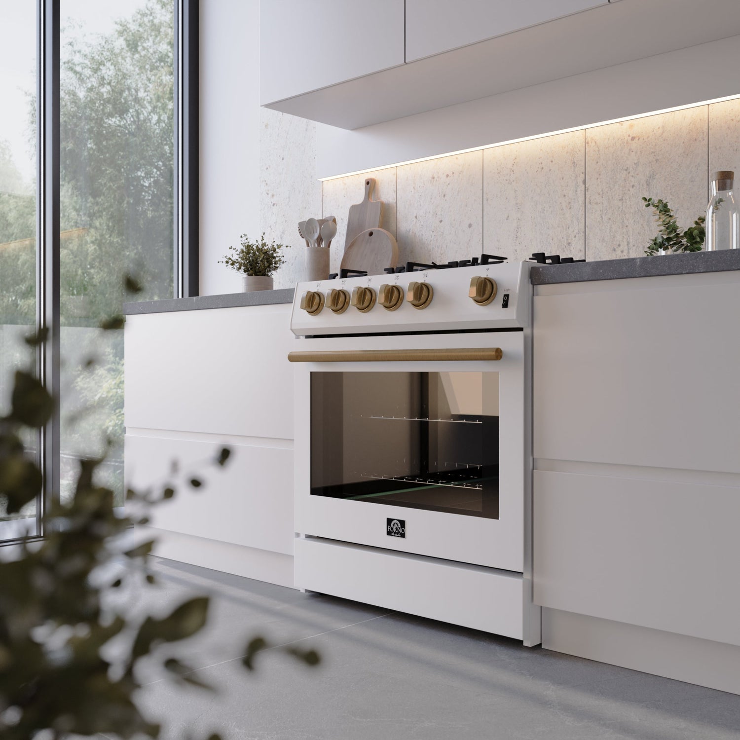 FORNO Espresso Leonardo 30" 5 cu. ft. Gas Range in White with Antique Brass Handles, FFSGS1116-30WHT