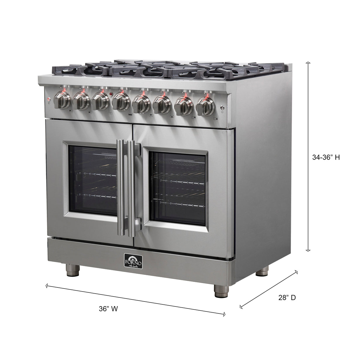 FORNO Massimo 36" 5.36 cu. ft. Freestanding French Door Dual Fuel Range with 6 Burners, FFSGS6325-36