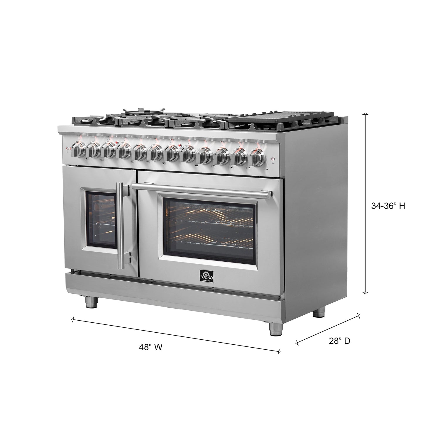 FORNO Massimo 48″ Freestanding French Door Dual Fuel Range with 8 Burners, FFSGS6325-48