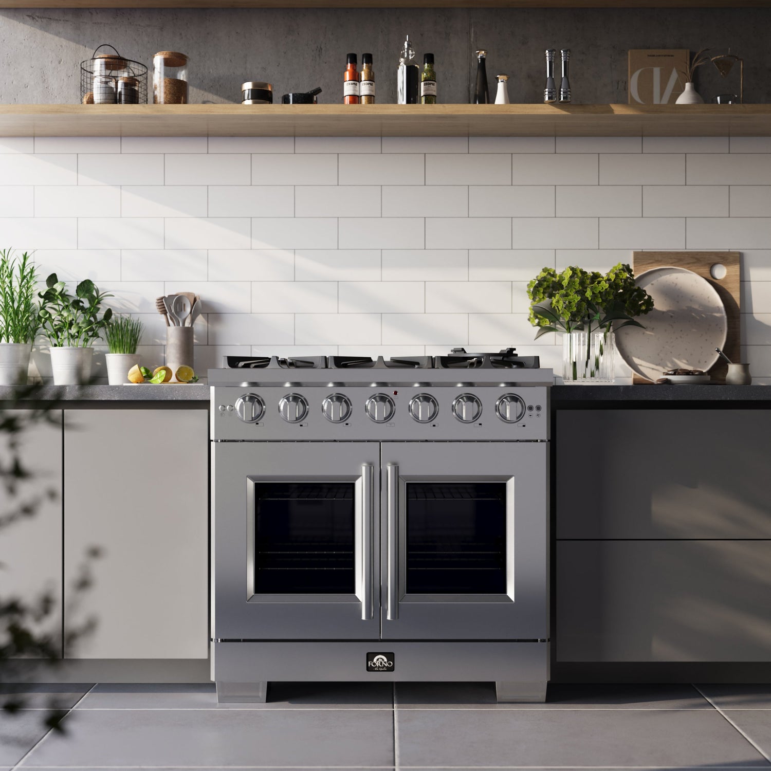 FORNO Capriasca 36" 5.36 cu. ft. Professional Gas Range with French Door and 6 Sealed Burners, FFSGS6460-36