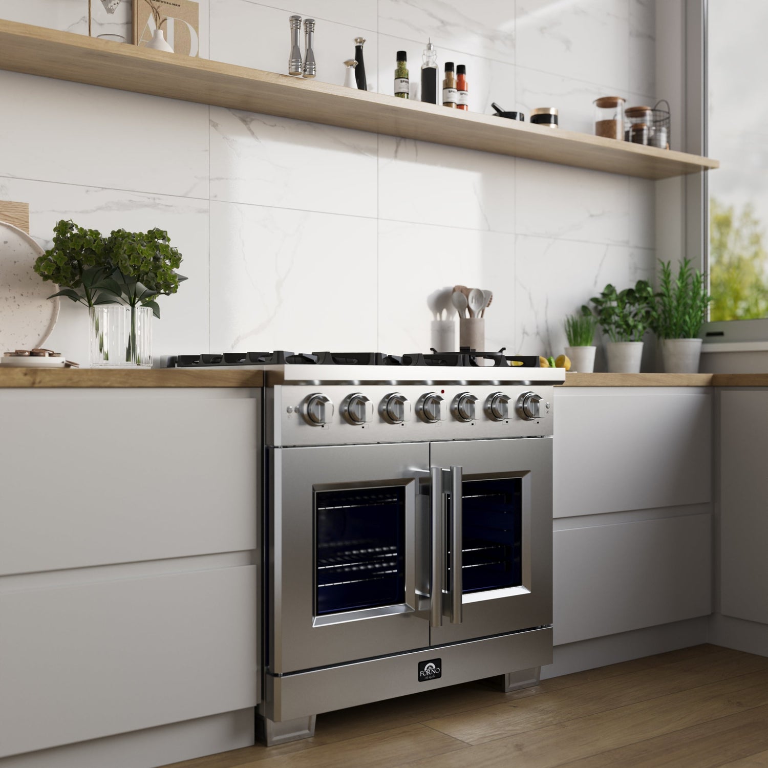 FORNO Capriasca 36" 5.36 cu. ft. Professional Gas Range with French Door and 6 Sealed Burners, FFSGS6460-36