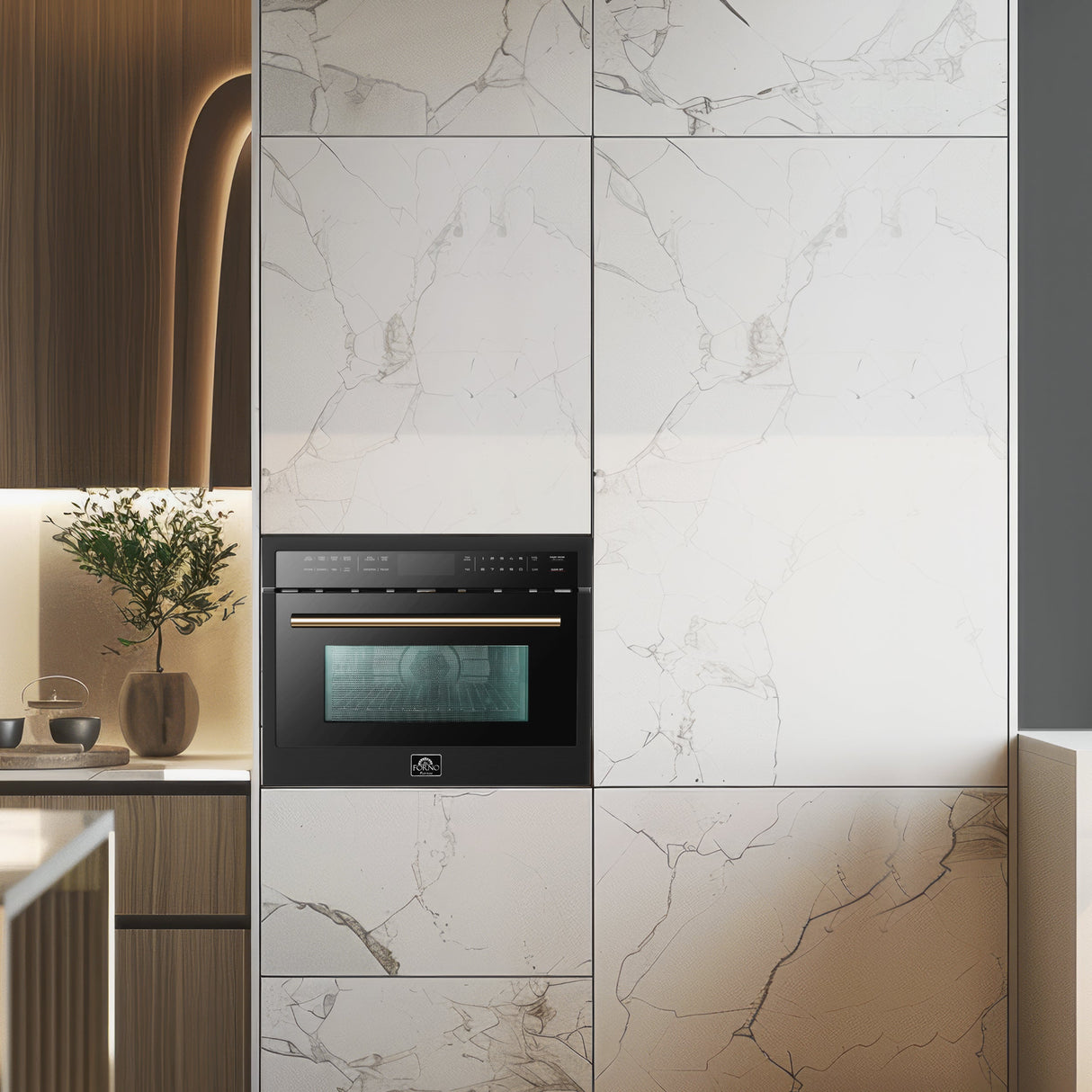 FORNO Espresso Oliena 24" 1.6 cu. ft. Built-In Microwave Oven in Black with Antique Brass Handles, FMWDR3093-24BLK