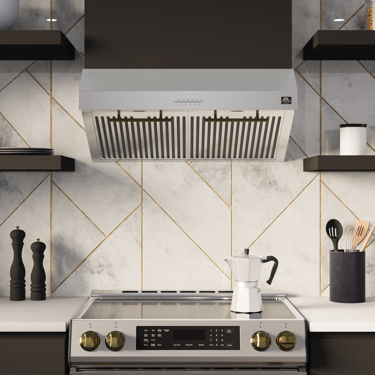 FORNO Espresso Package - 30" Electric Range, Range Hood, Refrigerator and Dishwasher in Stainless Steel with Silver Handles