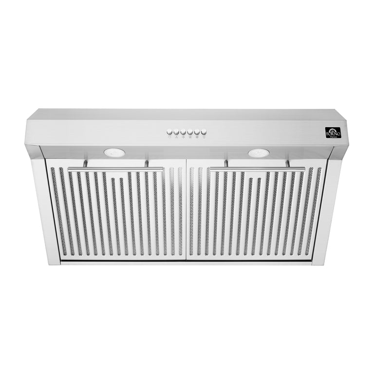 FORNO Espresso Package - 30" Electric Range, Range Hood, Refrigerator and Dishwasher in Stainless Steel with Silver Handles