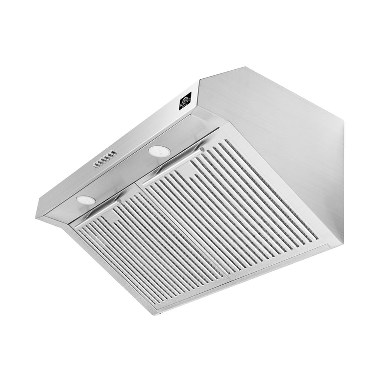 FORNO Espresso Package - 30" Electric Range, Range Hood, Refrigerator and Dishwasher in Stainless Steel with Silver Handles