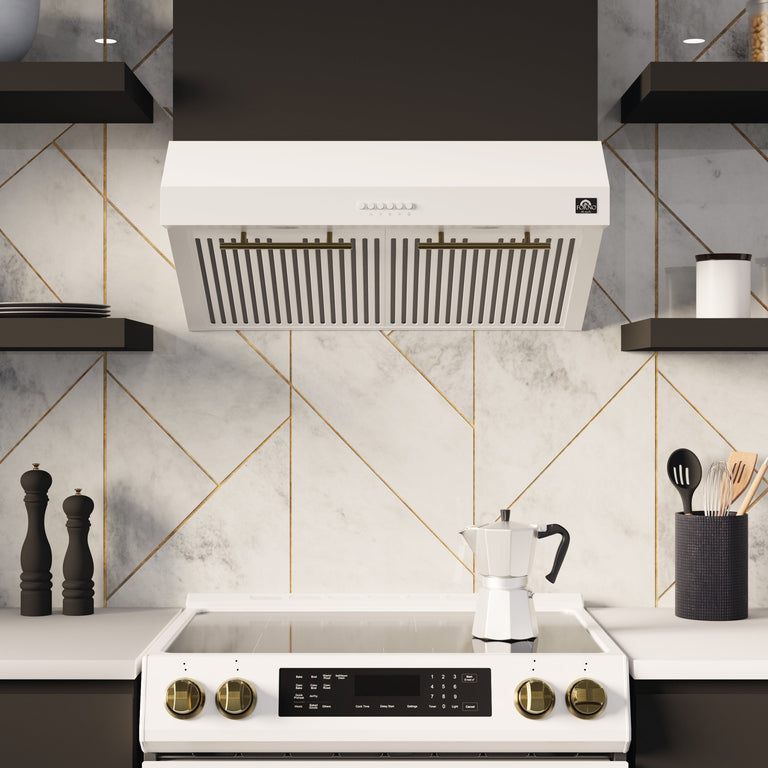 FORNO Espresso Package - 30" Electric Range, Range Hood, Refrigerator and Dishwasher in White with Antique Brass Handles, FBDL-006-03US
