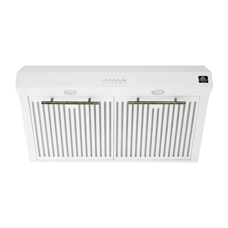 FORNO Espresso Package - 30" Electric Range, Range Hood, Refrigerator and Dishwasher in White with Antique Brass Handles