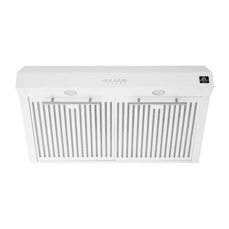 FORNO Espresso Package - 30" Electric Range, Range Hood, Refrigerator and Dishwasher in White with Silver Handles, FBDL-006-03US