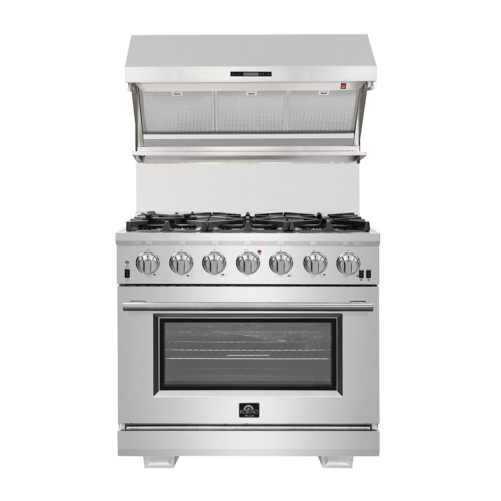 FORNO Appliance Package - 36 Inch Gas Burner/Electric Oven Pro Range, Wall Mount Range Hood, Dishwasher, AP-FFSGS6187-36-2