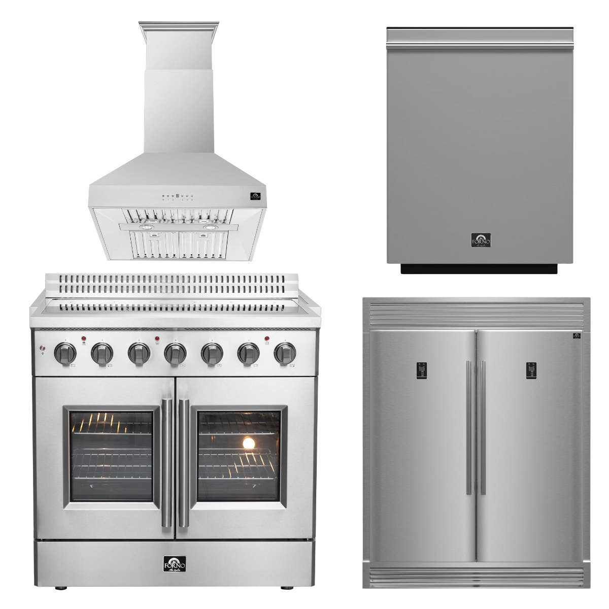FORNO Package - 36" Electric French Door Range, Wall Mount Range Hood, Refrigerator and Dishwasher, AP-FFSEL6917-36-4PK-1