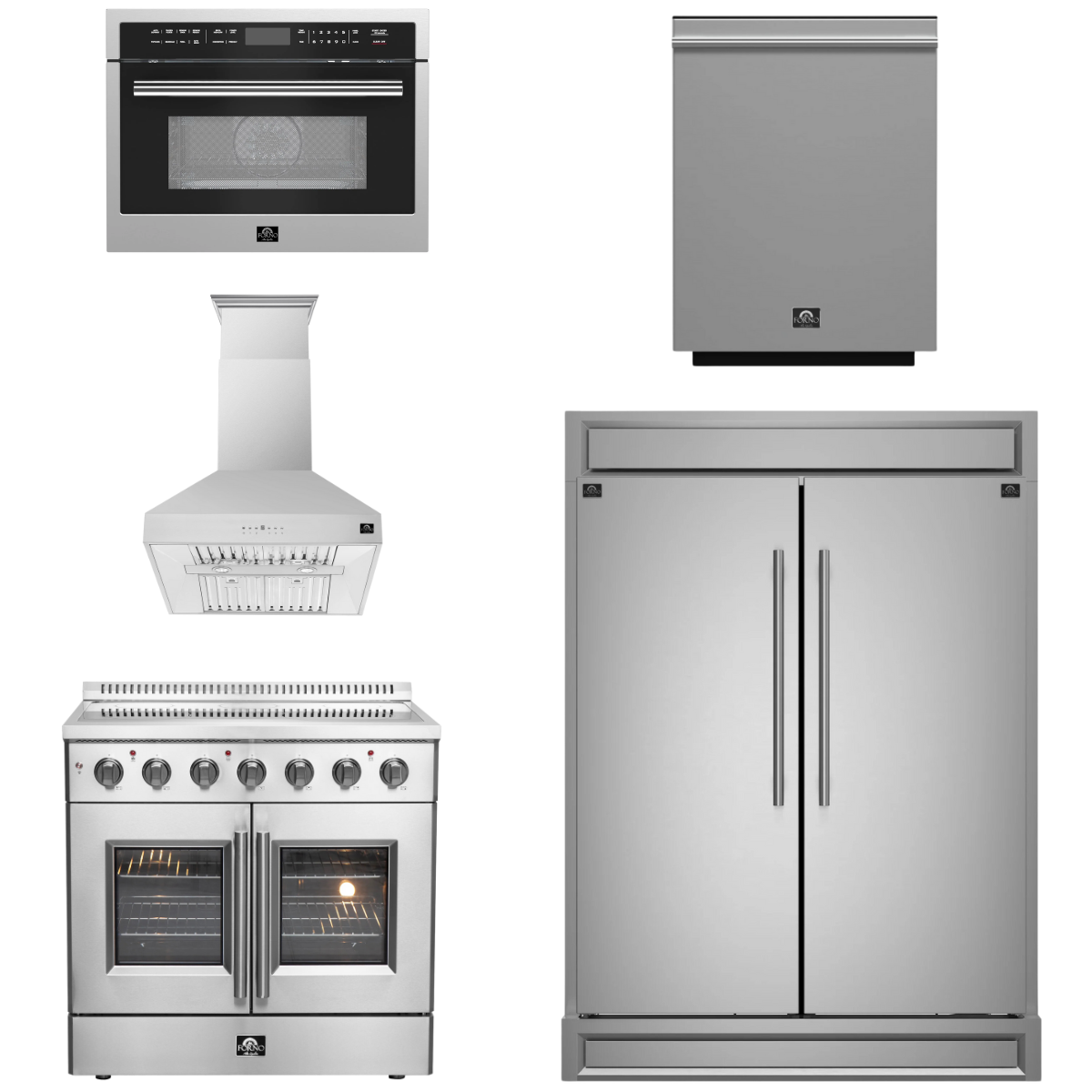 FORNO Package - 36" Electric French Door Range, Wall Mount Range Hood, Refrigerator, Dishwasher and Microwave, AP-FFSEL6917-36-5PK-1