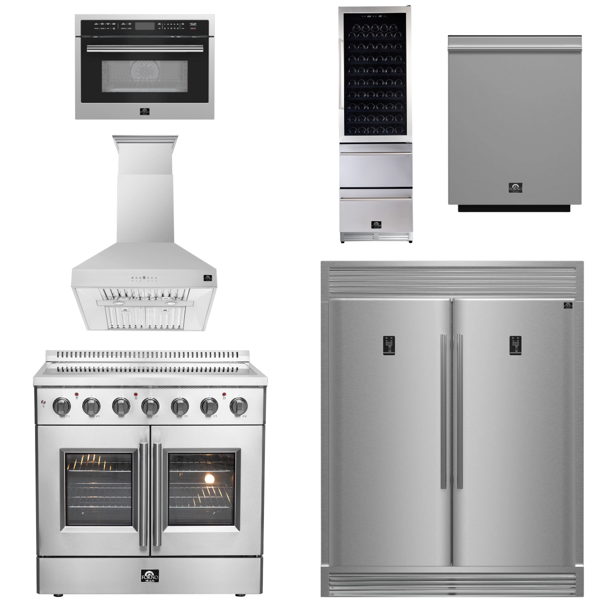FORNO Package - 36" Electric French Door Range, Wall Mount Range Hood, Refrigerator, Dishwasher, Microwave and Wine Cooler, AP-FFSEL6917-36-6PK-1