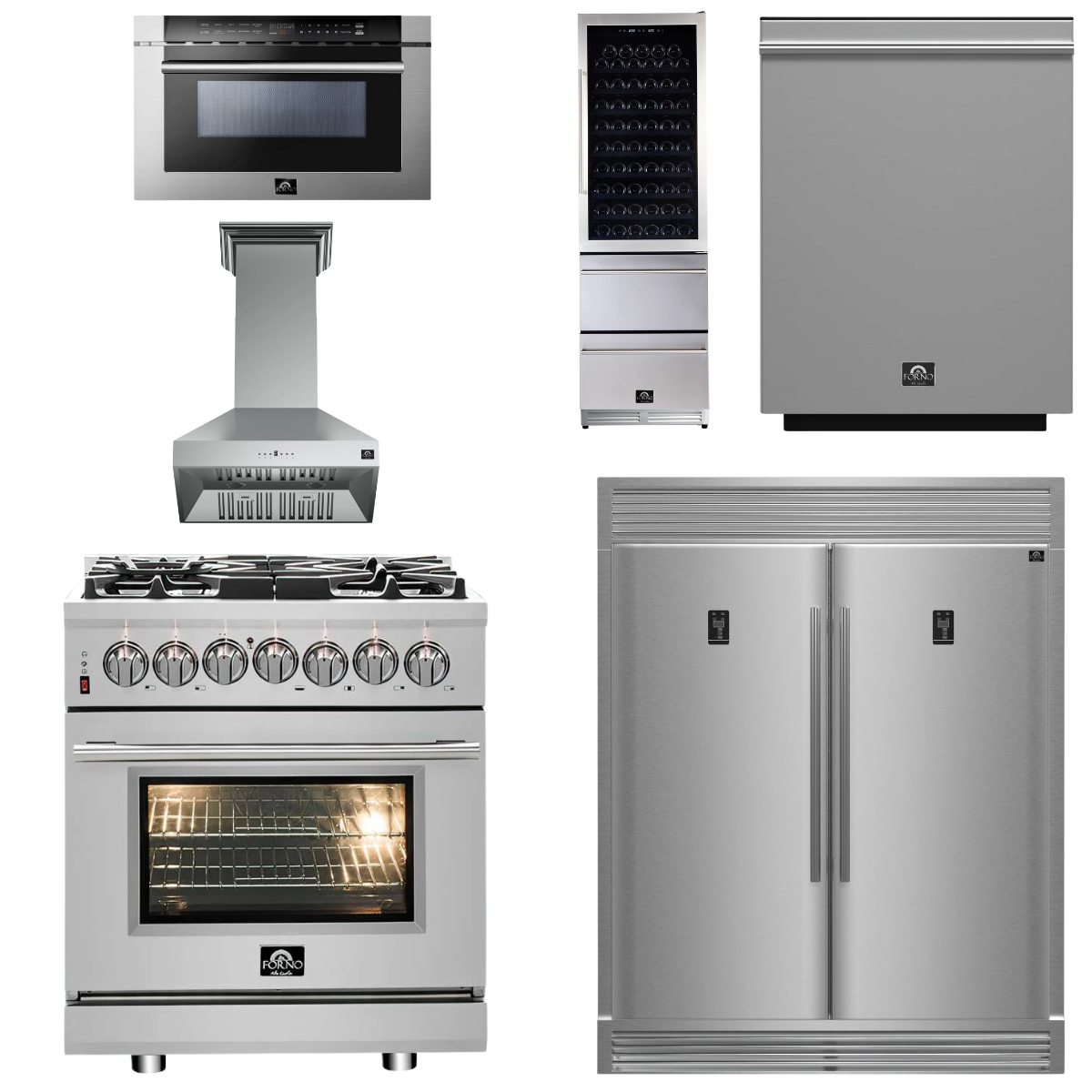 FORNO Appliance Package - 30" Dual Fuel Range, 30" Range Hood, 60" Refrigerator, Dishwasher, Microwave Drawer, Wine Cooler, AP-FFSGS6125-30-W-9