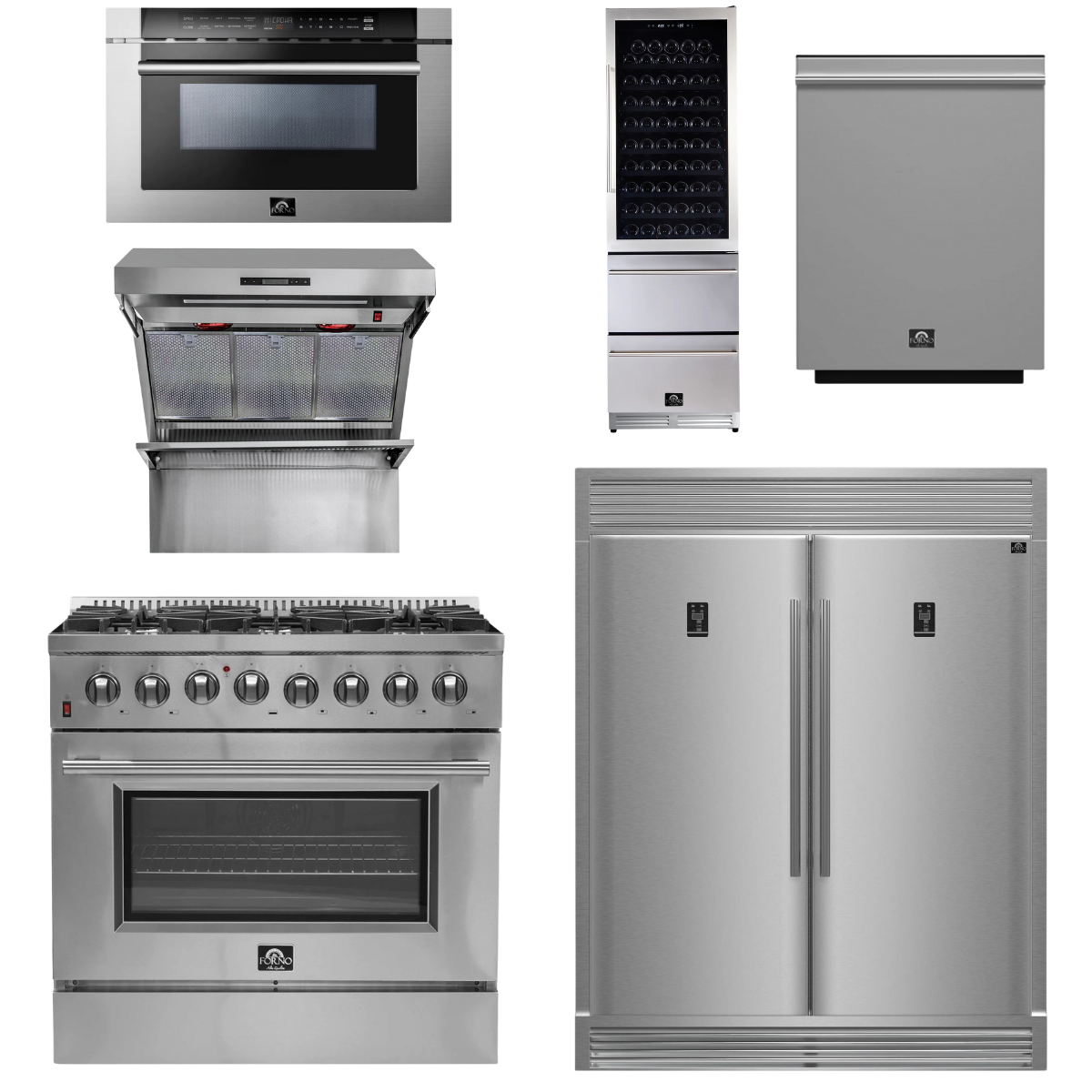 FORNO Appliance Package - 36 Inch Dual Fuel Range, Range Hood, Refrigerator, Microwave Drawer, Dishwasher, Wine Cooler, AP-FFSGS6156-36-9