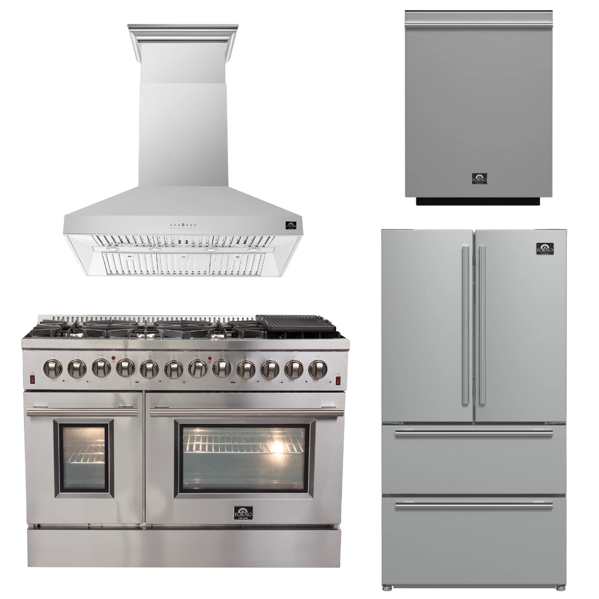 FORNO Appliance Package - 48" Gas Burner, Electric Oven Range, Range Hood, 36" Refrigerator, Dishwasher, AP-FFSGS6156-48-21