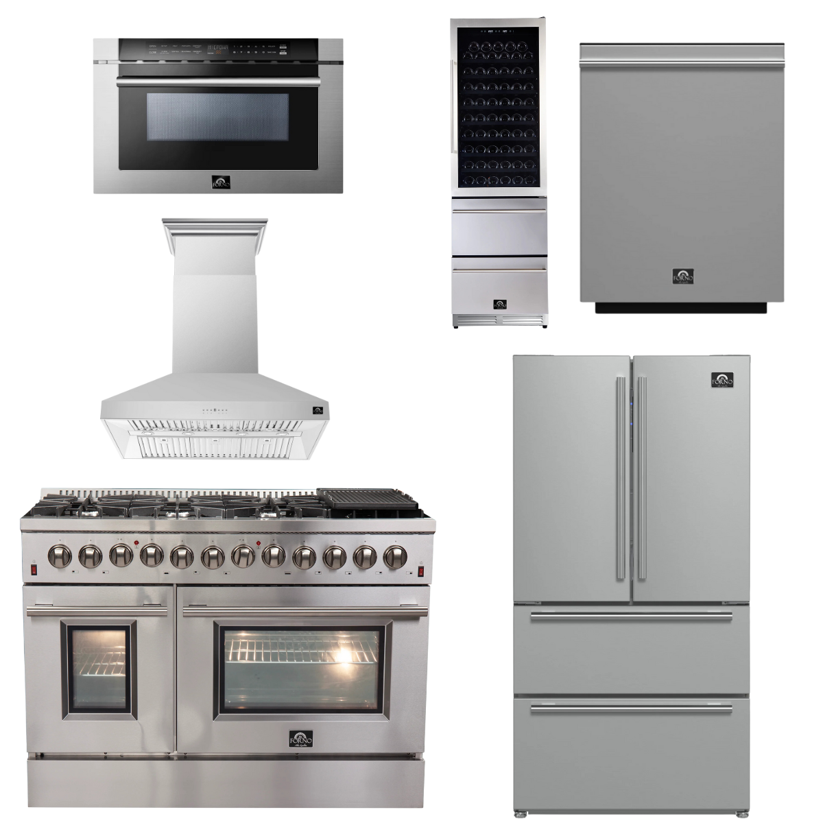 FORNO Package - 48" Dual Fuel Range, Range Hood, 36" Refrigerator, Dishwasher, Microwave, Wine Cooler