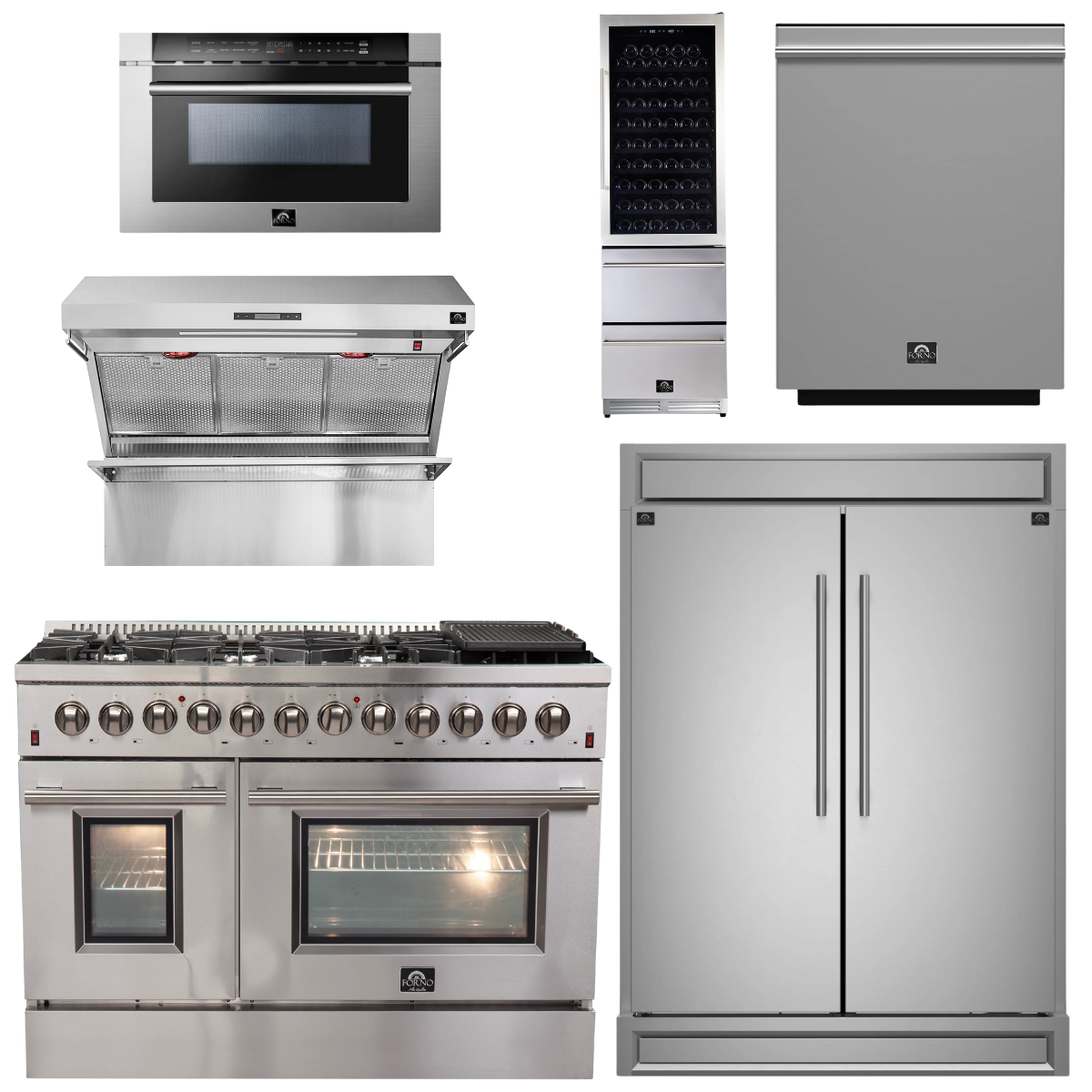 FORNO Appliance Package - 48" Dual Fuel Range, Range Hood, 60" Refrigerator, Microwave Drawer, Dishwasher, Wine Cooler, AP-FFSGS6156-48-6P
