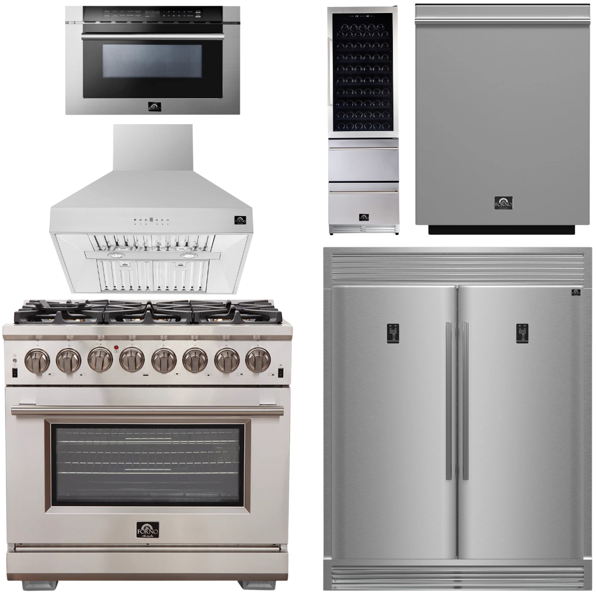 FORNO Package - 36" Dual Fuel Range, Range Hood, Refrigerator, Microwave, Dishwasher, Wine Cooler