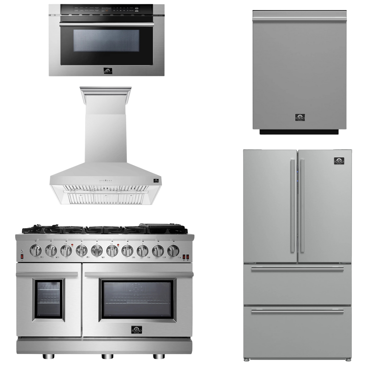 FORNO Appliance Package - 48" Gas Range, Range Hood, 36" Refrigerator, Dishwasher, Microwave Drawer, AP-FFSGS6239-48-4