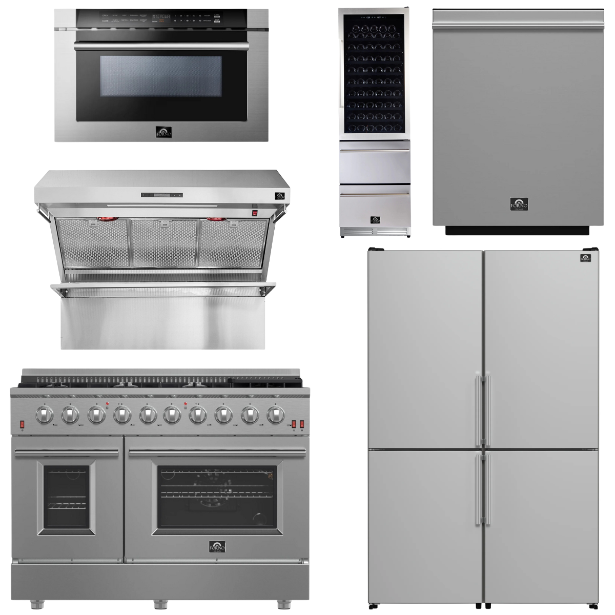 FORNO Appliance Package - 48" Gas Range, 48" Range Hood, Dishwasher, 48" Refrigerator, Microwave Drawer, Wine Cooler, AP-FFSGS6244-48-14