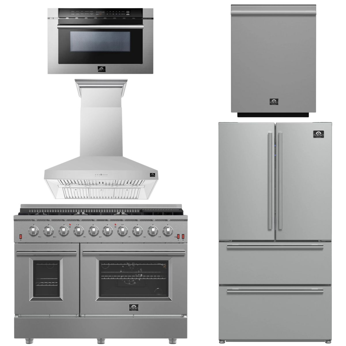 FORNO Appliance Package - 48" Gas Range, Range Hood, 36" Refrigerator, Dishwasher, Microwave Drawer, AP-FFSGS6244-48-18