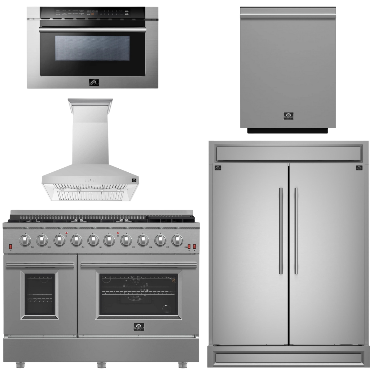FORNO Appliance Package - 48" Gas Range, Range Hood, 60" Refrigerator, Dishwasher, Microwave Drawer, AP-FFSGS6244-48-5P