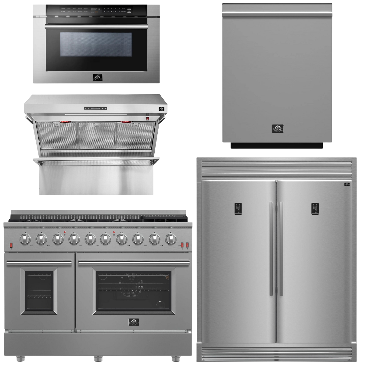 FORNO Package - 48 Inch Gas Range, Wall Mount Range Hood, Refrigerator, Microwave Drawer, Dishwasher, AP-FFSGS6244-48-8