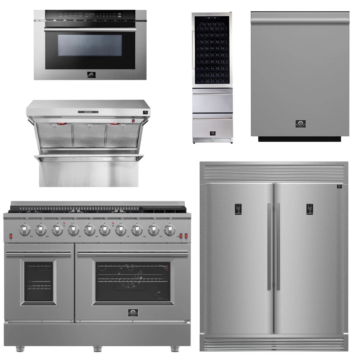 FORNO Appliance Package - 48 Inch Gas Range, Range Hood, Refrigerator, Microwave Drawer, Dishwasher, Wine Cooler, AP-FFSGS6244-48-9