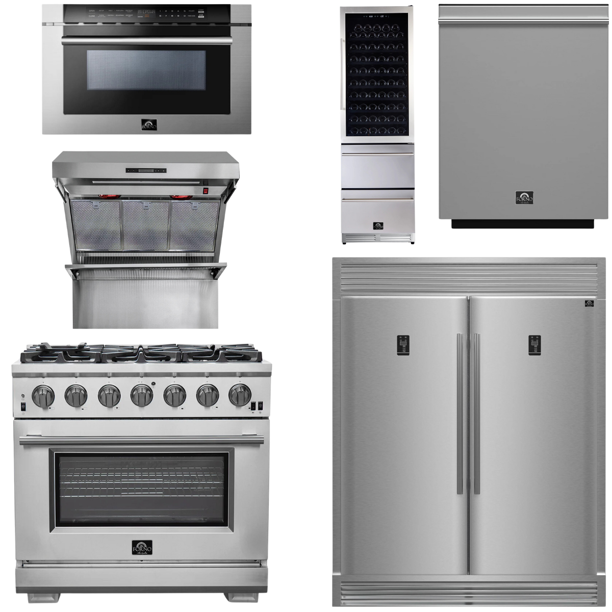 FORNO Appliance Package - 36 Inch Pro Gas Range, Range Hood, Refrigerator, Microwave Drawer, Dishwasher, Wine Cooler, AP-FFSGS6260-36-9