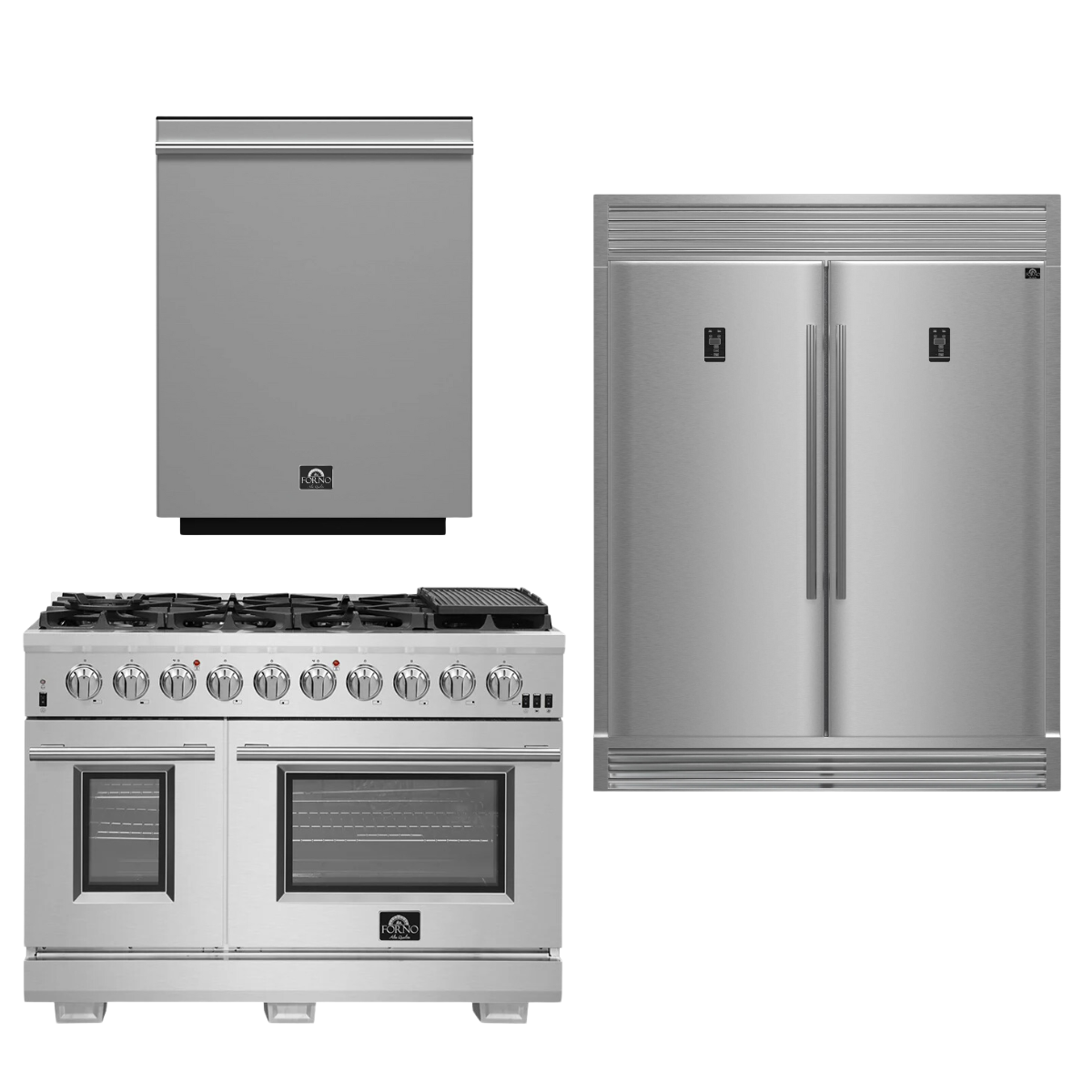 FORNO Appliance Package - 48 Inch Pro Gas Range, Dishwasher, 60 Inch Refrigerator, AP-FFSGS6260-48-5
