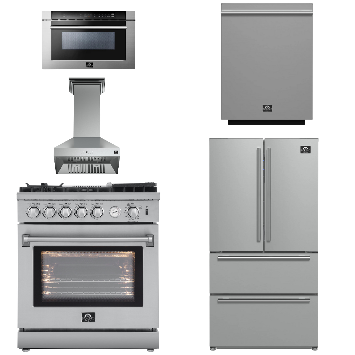 FORNO Appliance Package - 30" Gas Range with Airfryer, Range Hood, 36" Refrigerator, Dishwasher, Microwave Drawer, AP-FFSGS6276-30-12