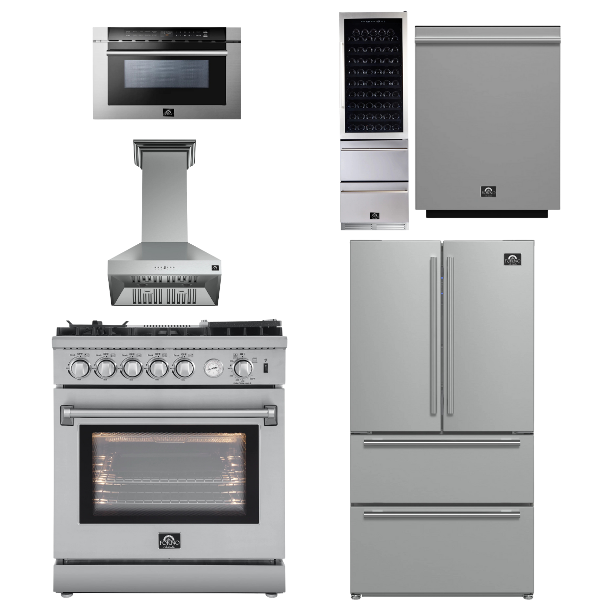 FORNO Appliance Package - 30" Gas Range with Airfryer, Range Hood, 36" Refrigerator, Dishwasher, Microwave Drawer, Wine Cooler, AP-FFSGS6276-30-13