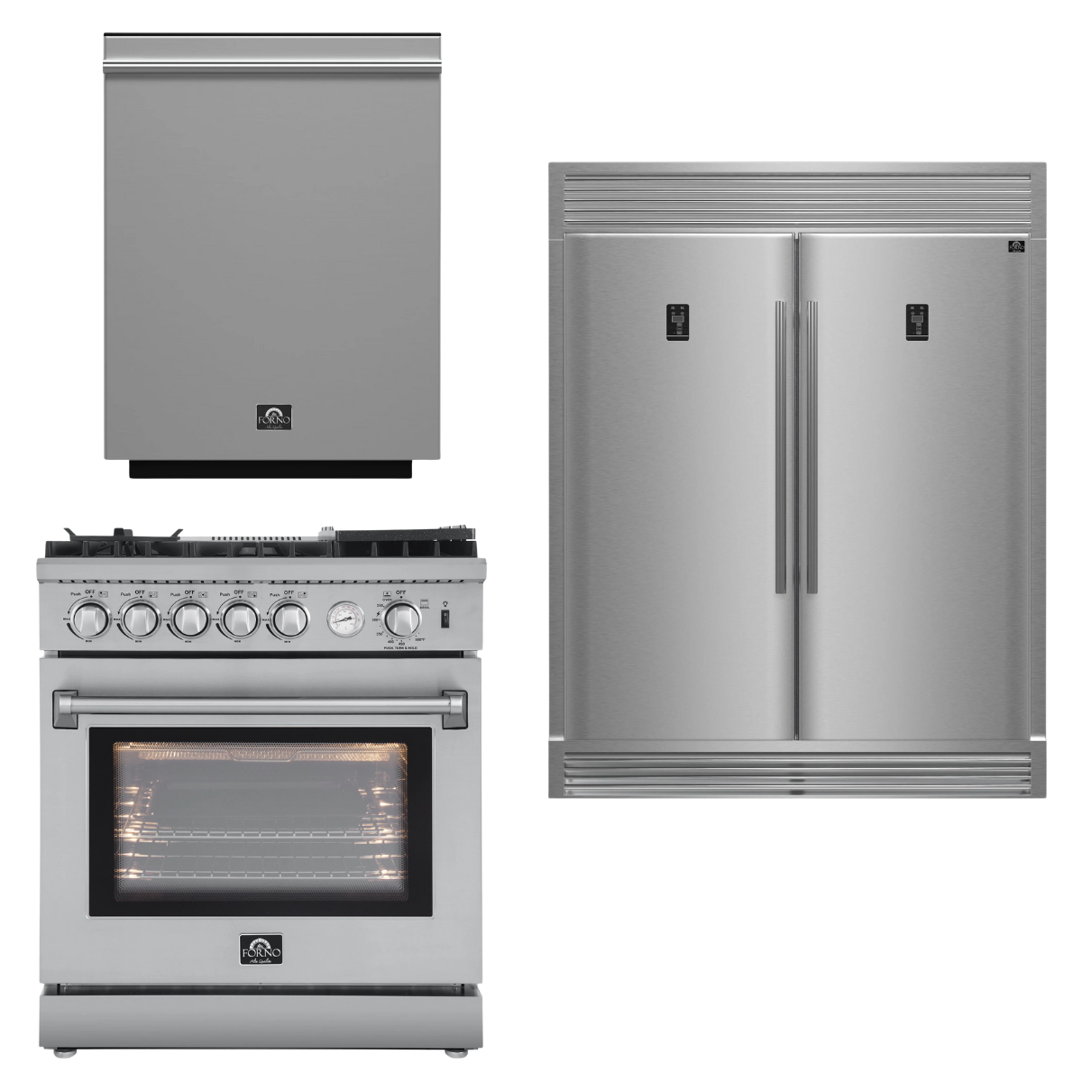 FORNO Appliance Package - 30" Gas Range, Dishwasher, 60" Refrigerator, AP-FFSGS6276-30-W-5