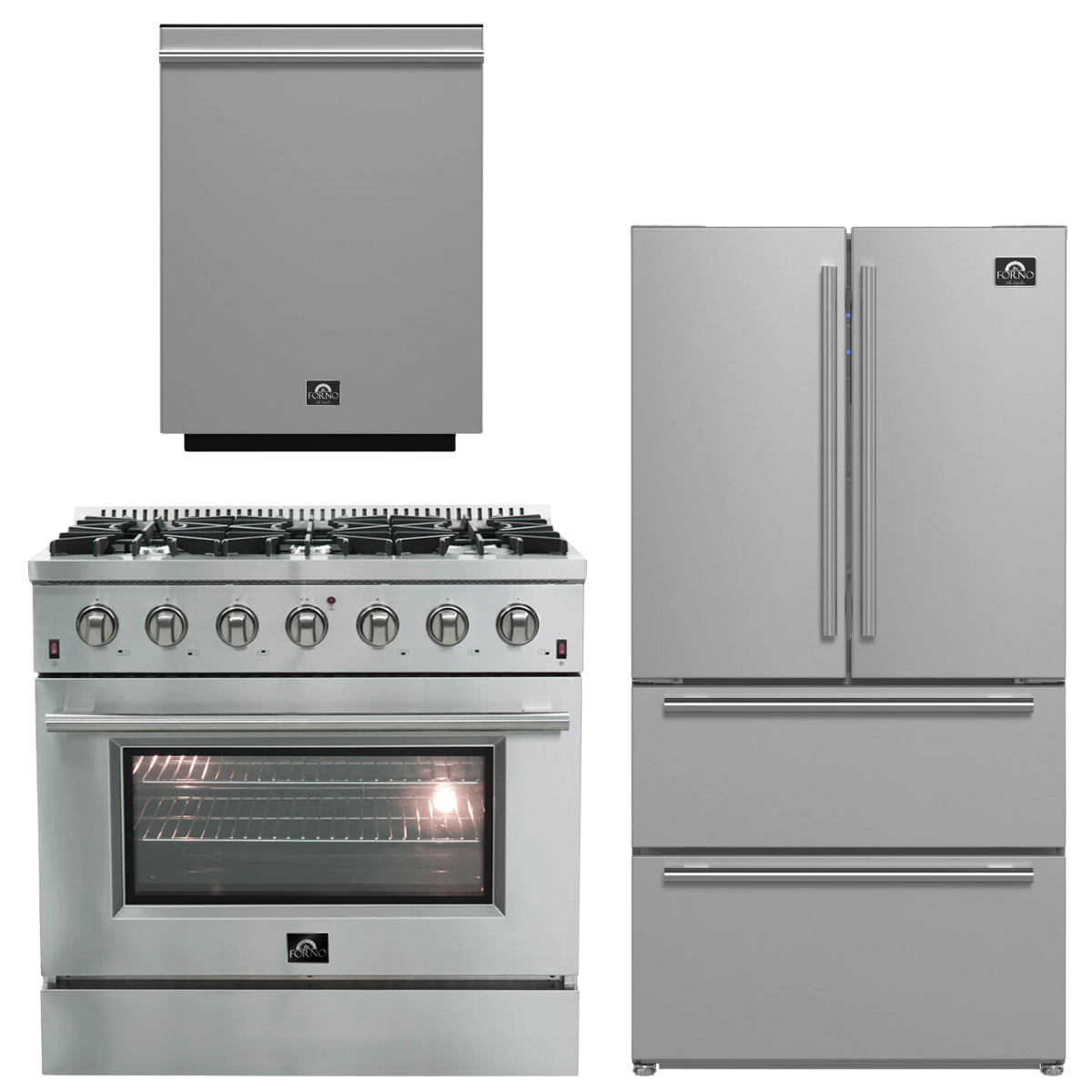 FORNO Appliance Package - 36" Gas Range, Dishwasher, 36" Refrigerator, FBDL-004-01CAUS