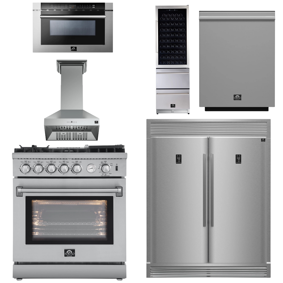 FORNO Appliance Package - 30" Gas Range, 30" Range Hood, 60" Refrigerator, Dishwasher, Microwave Drawer, Wine Cooler, AP-FFSGS6276-30-W-9
