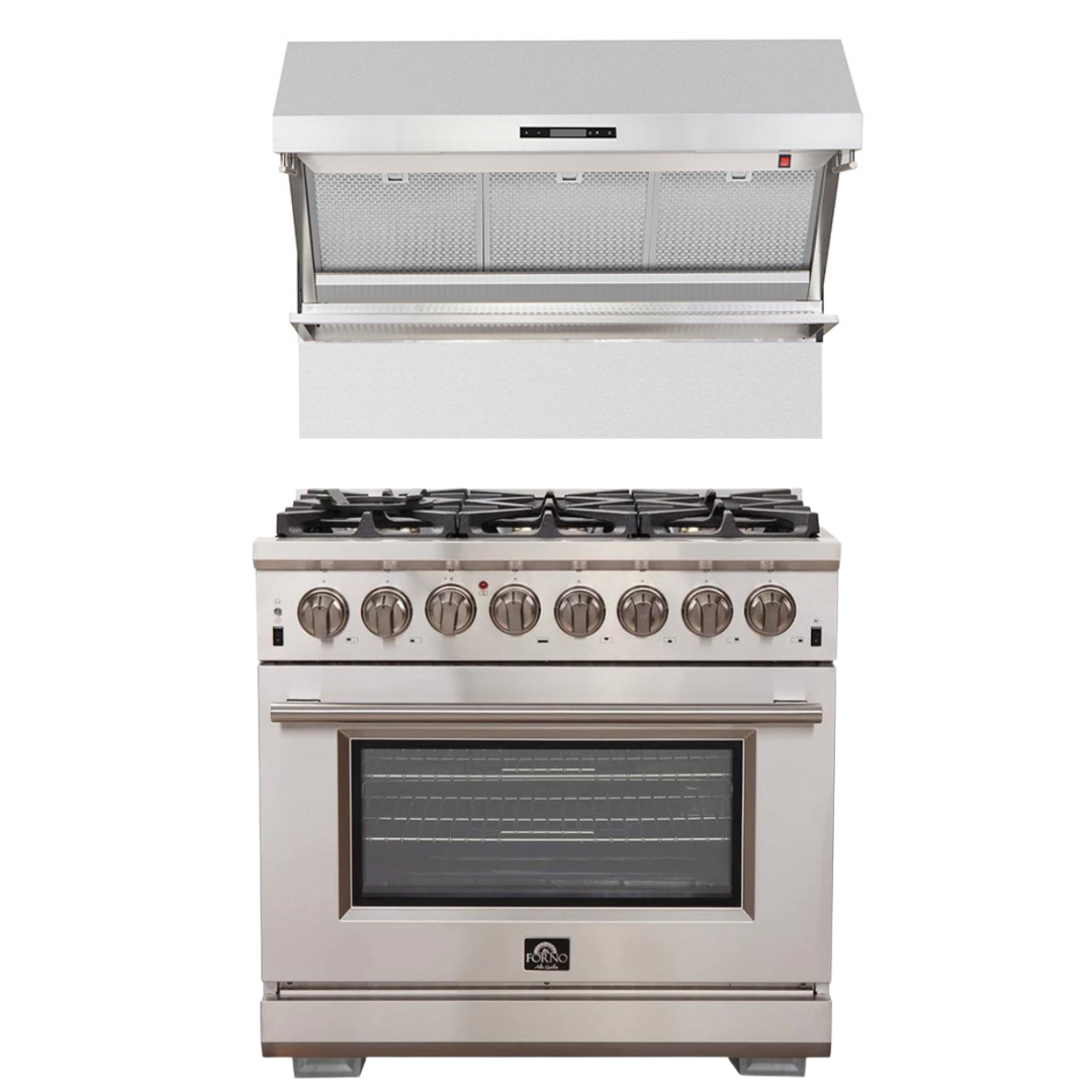 FORNO Appliance Package - 36 Inch Gas Burner/Electric Oven Pro Range, Wall Mount Range Hood, AP-FFSGS6187-36