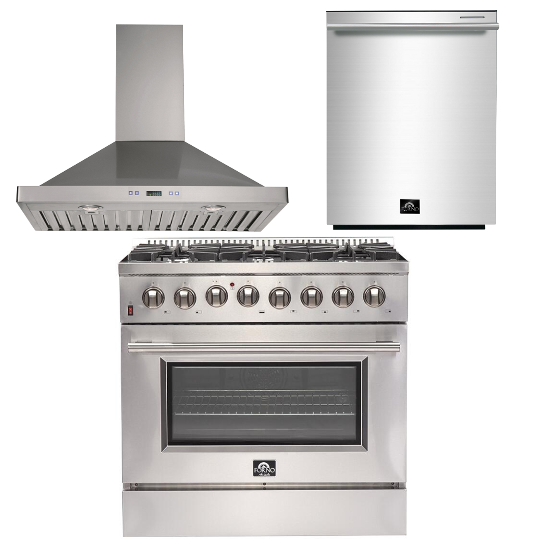 FORNO Appliance Package - 36 Inch Dual Fuel Range, Wall Mount Range Hood, Dishwasher, AP-FFSGS6156-36-W-2