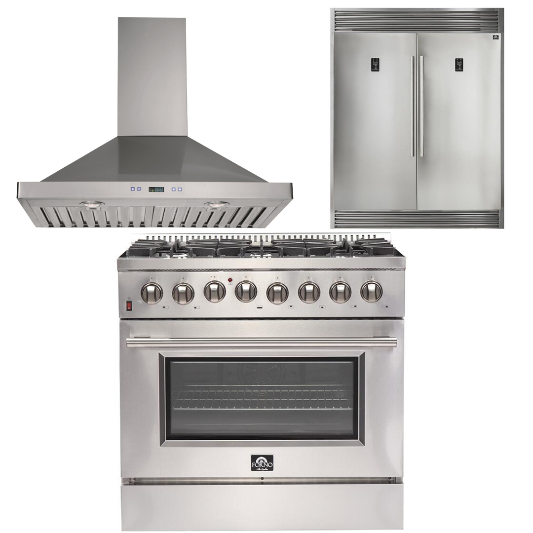 FORNO Appliance Package - 36 Inch Dual Fuel Range, Wall Mount Range Hood, Refrigerator, AP-FFSGS6156-36-W-4