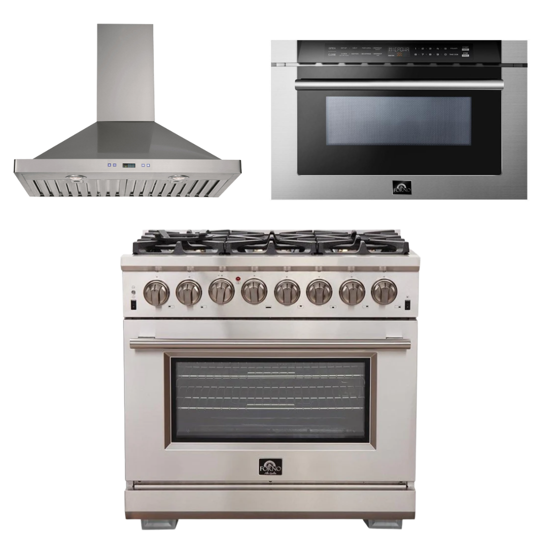 FORNO Appliance Package - 36 Inch Gas Burner/Electric Oven Pro Range, Wall Mount Range Hood, Microwave Drawer, AP-FFSGS6187-36-W-3