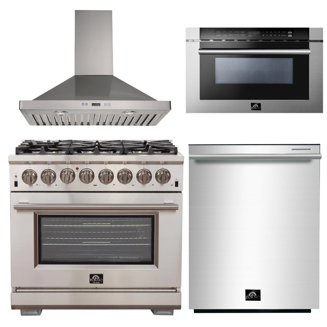 FORNO Appliance Package - 36 Inch Gas Burner/Electric Oven Pro Range, Wall Mount Range Hood, Microwave Drawer, Dishwasher, AP-FFSGS6187-36-W-6