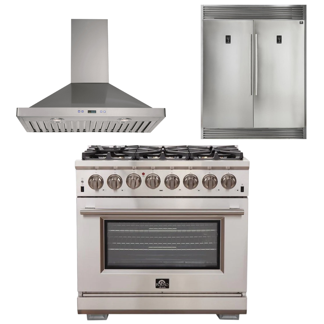 FORNO Appliance Package - 36 Inch Gas Burner/Electric Oven Pro Range, Wall Mount Range Hood, Refrigerator, AP-FFSGS6187-36-W-4