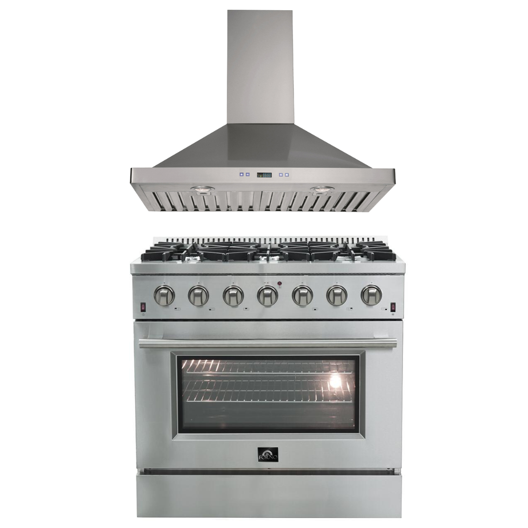 FORNO Appliance Package- 36 Inch Gas Range, Wall Mount Range Hood, AP-FFSGS6244-36-W