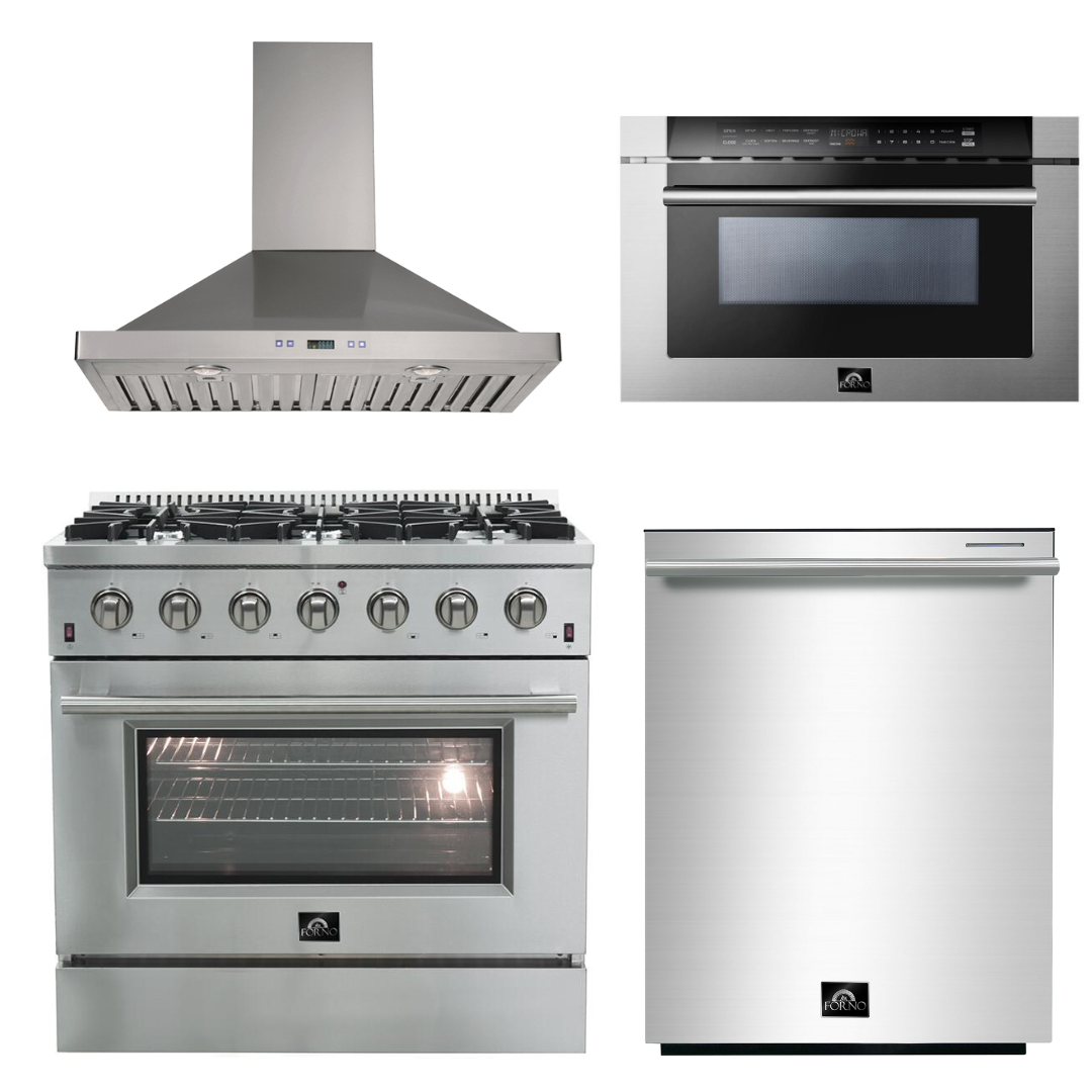 FORNO Appliance Package - 36 Inch Gas Range, Wall Mount Range Hood, Microwave Drawer, Dishwasher, AP-FFSGS6244-36-W-6