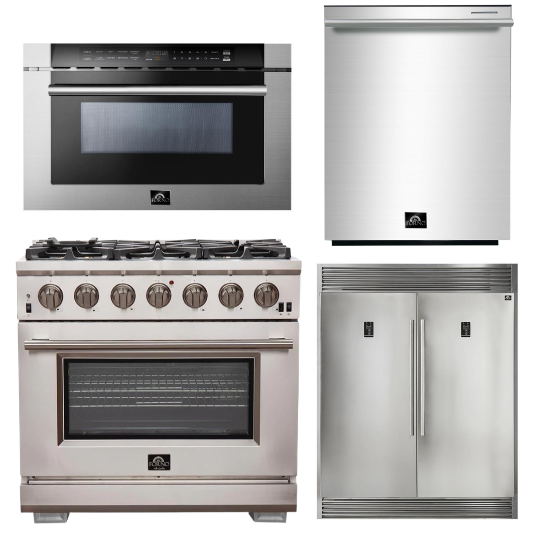 FORNO Appliance Package - 36 Inch Pro Gas Range, Refrigerator, Microwave Drawer, Dishwasher, AP-FFSGS6260-36-7